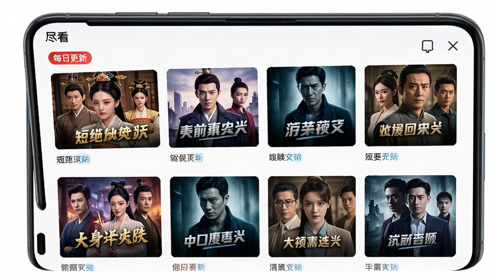 主体:手机屏幕展示“尽看”应用的内容列表页,包含多个短剧封面缩略图,封面风格各异,有古装、都市、悬疑等类型。布局:手机竖屏展示,列表纵向排列,顶部有“每日更新”标签。排版:缩略图整齐排列,文字标签清晰。风格:明亮清晰的UI界面,色彩丰富,画质干净,无多余元素。