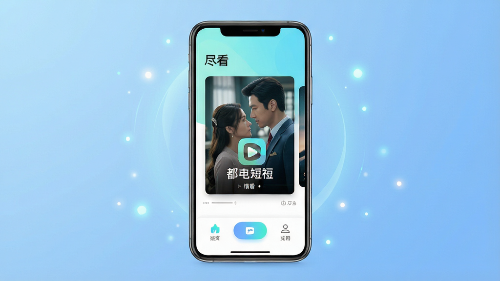 主体:一部智能手机屏幕显示“尽看”短剧应用界面,界面风格清爽明亮,正在播放一部都市情感短剧,屏幕下方有清晰的功能按钮。布局:手机居中放置,背景为柔和的渐变蓝色,周围有微光点缀,营造科技感与沉浸感。排版:手机屏幕内显示应用名称“尽看”字样和剧集封面缩略图,排版整洁。风格:现代扁平化设计,色彩明快,画质清晰细腻,干净无多余元素。
