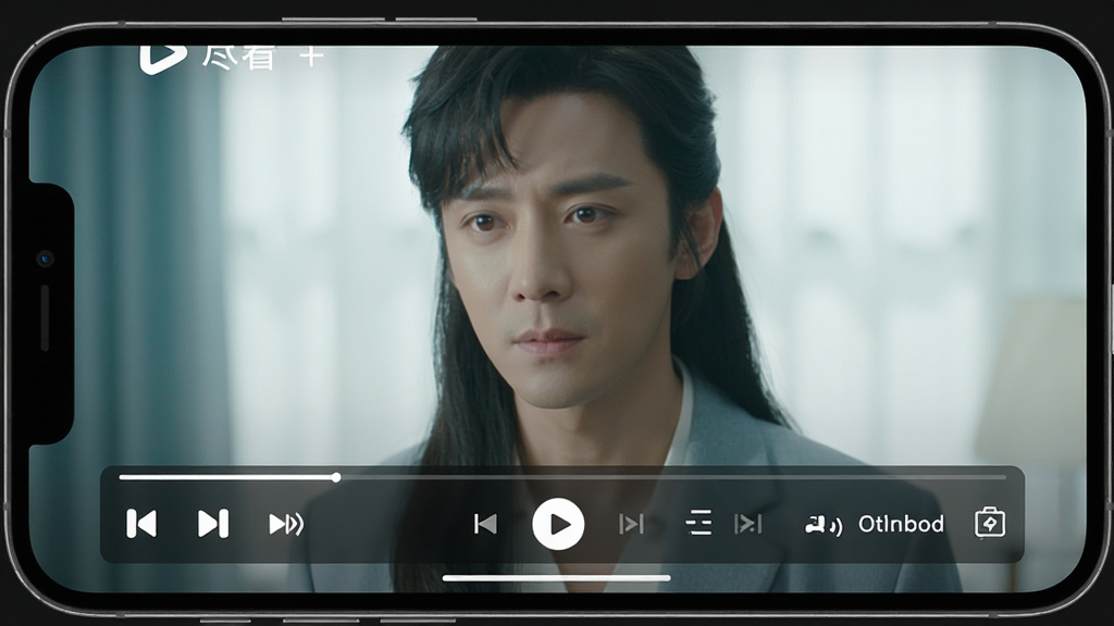 主体:手机屏幕呈现“尽看”播放器界面,正在全屏播放一部短剧,画面清晰,底部有播放控制条、倍速按钮、离线缓存图标。布局:手机横屏显示,播放画面占据整个屏幕,控制条半透明浮于底部。排版:控制按钮排列有序,图标简洁。风格:深色背景衬托明亮画面,画质细腻,干净无多余元素。