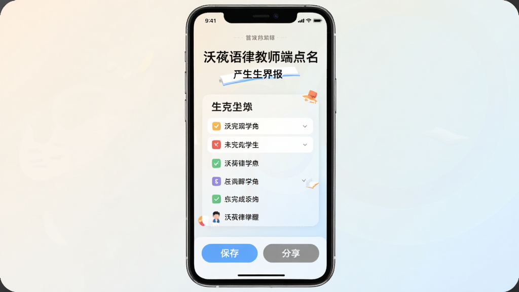 沃芮语律教师端点名提醒海报生成界面,手机屏幕显示未完成学生名单,下方有保存和分享按钮,背景为浅色渐变,海报样式简洁大方,文字清晰,画面干净,高画质