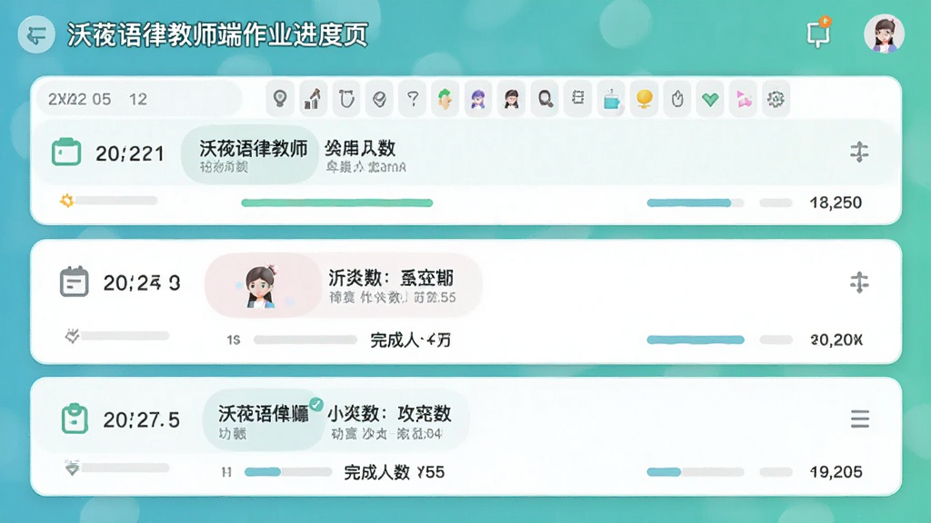 沃芮语律教师端作业进度页面,列表显示不同日期的作业条目,每条作业下方有完成人数统计,界面采用卡片式布局,色彩清新,细节丰富,画质清晰,无多余元素