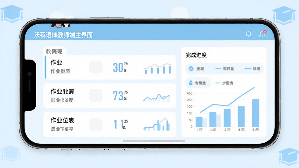 沃芮语律教师端主界面,手机屏幕展示作业列表和完成进度图表,背景为浅蓝色教学风格,整体布局简洁清晰,突出数据统计功能,画面干净,无多余元素,高画质