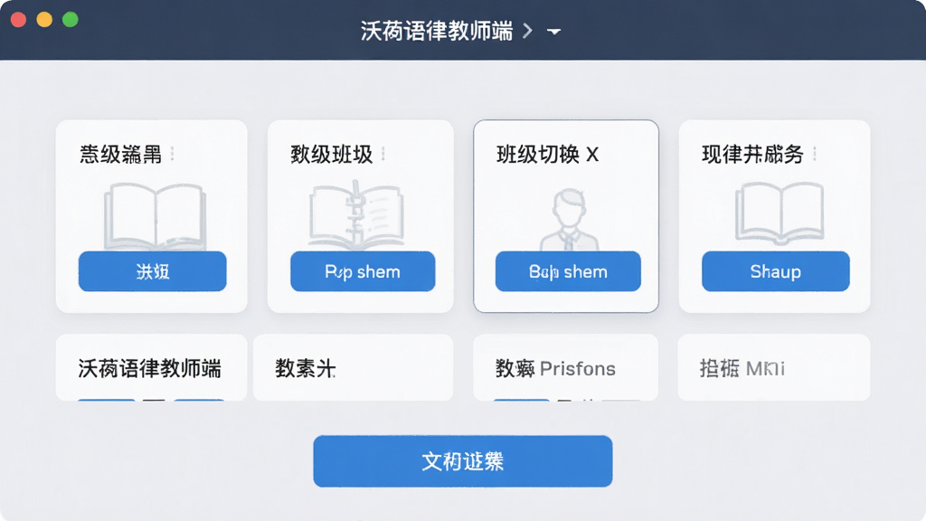 沃芮语律教师端班级切换界面,顶部显示当前组织名称,中间为班级列表卡片,背景为淡灰色,界面简洁直观,操作按钮醒目,高画质,无多余元素