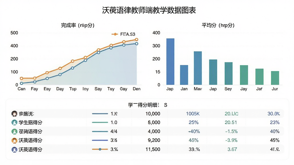 沃芮语律教师端教学数据图表,展示完成率曲线和平均分柱状图,下方为学生的得分明细列表,背景为白色,图表配色专业,信息层级分明,画质清晰,无多余元素