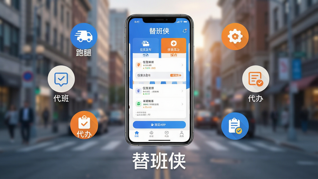 主体:替班侠APP界面展示,手机屏幕内显示任务发布和接单成功界面,背景为模糊的城市街景。布局:手机居中,屏幕内容清晰可见,周围有简洁的图标环绕,如“跑腿”、“代班”、“代办”等字样。排版:居中构图,手机下方有平台名称“替班侠”字样。风格:现代扁平化,色彩明亮清新,以蓝色和橙色为主色调。细节:界面图标精致,任务卡片信息明确,背景光线柔和。画质:高清,干净,无多余元素。