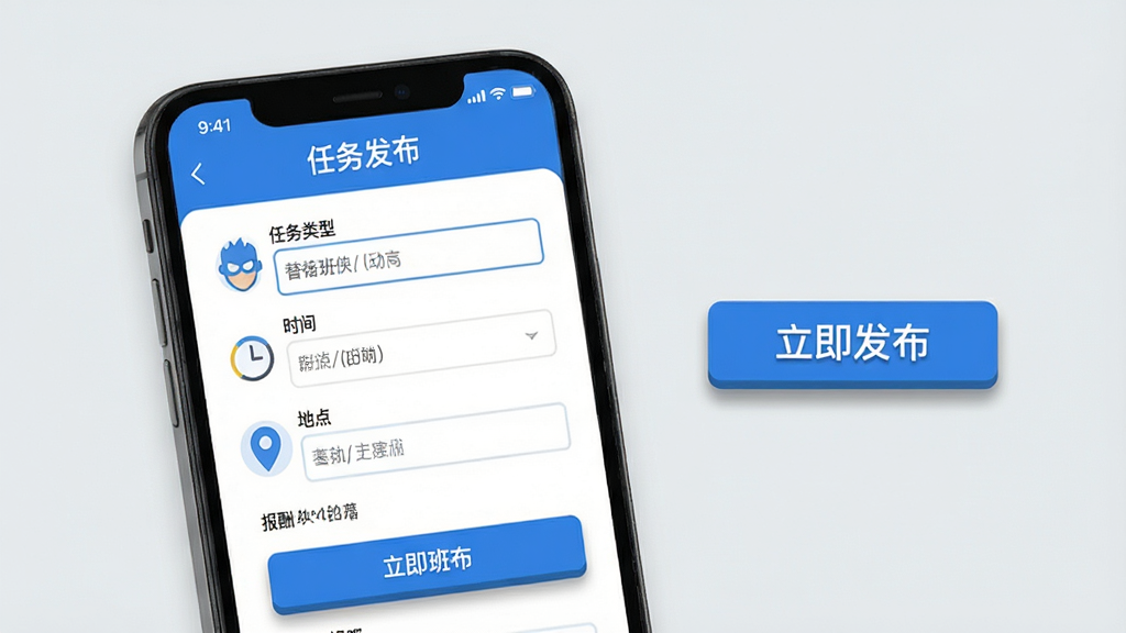 主体:一部智能手机正在展示替班侠APP的任务发布页面,页面有“任务类型”、“时间”、“地点”、“报酬”等填写栏。布局:手机位于画面中央偏左,右侧有悬浮的“立即发布”按钮。排版:任务表单从上到下排列,清晰有序。风格:界面设计简洁,蓝白配色,带有扁平化图标。细节:输入框有提示文字,按钮有阴影效果,背景为浅灰色。画质:高清,干净,无多余元素。