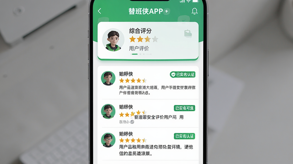 主体:替班侠APP的信用评价页面,展示用户头像、星级评分和文字评价列表。布局:页面分为上下两部分,上方为综合评分和用户信息卡片,下方为评价列表。排版:评价条目纵向排列,每条包含头像、昵称、星级和评语。风格:界面干净,绿色和灰色搭配,显示“安全可靠”标识。细节:有“已实名认证”徽章,背景为白色。画质:高清,干净,无多余元素。