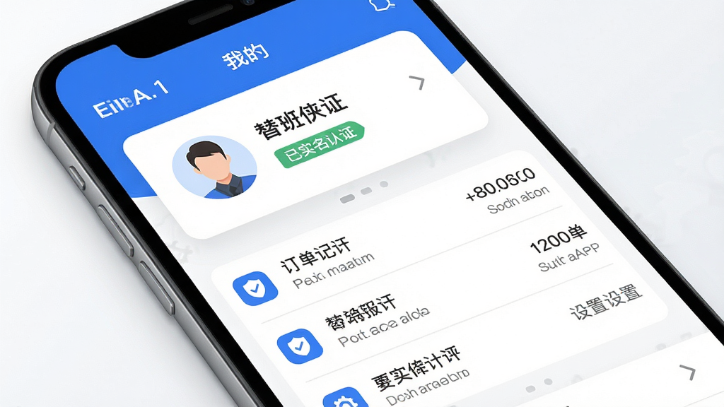 主体:替班侠APP的“我的”页面,显示用户头像、实名认证状态、订单记录和设置菜单。布局:页面顶部为个人信息卡片,下方为功能列表。排版:列表项有序排列,图标清晰。风格:简洁商务风,白色背景,蓝色点缀。细节:显示“已实名认证”徽章,订单记录有数据,背景干净。画质:高清,无多余元素。