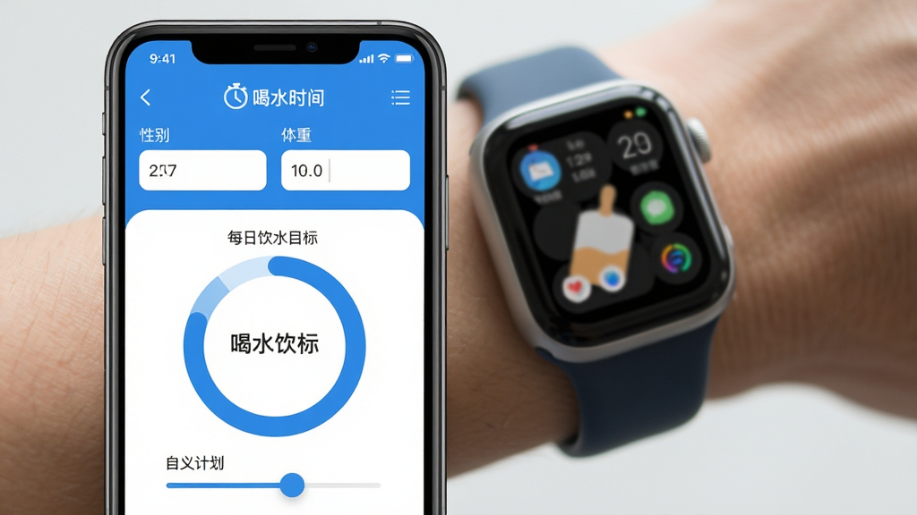 手机界面展示“喝水时间”APP的个性化设置页面,上方显示性别、体重输入栏,下方是每日饮水目标水量圆环图,背景有虚化的智能手表佩戴场景,整体色调为蓝色与白色,扁平化UI设计,突出“喝水时间”品牌名,细节展示自定义计划滑块,画质清晰,干净无多余元素