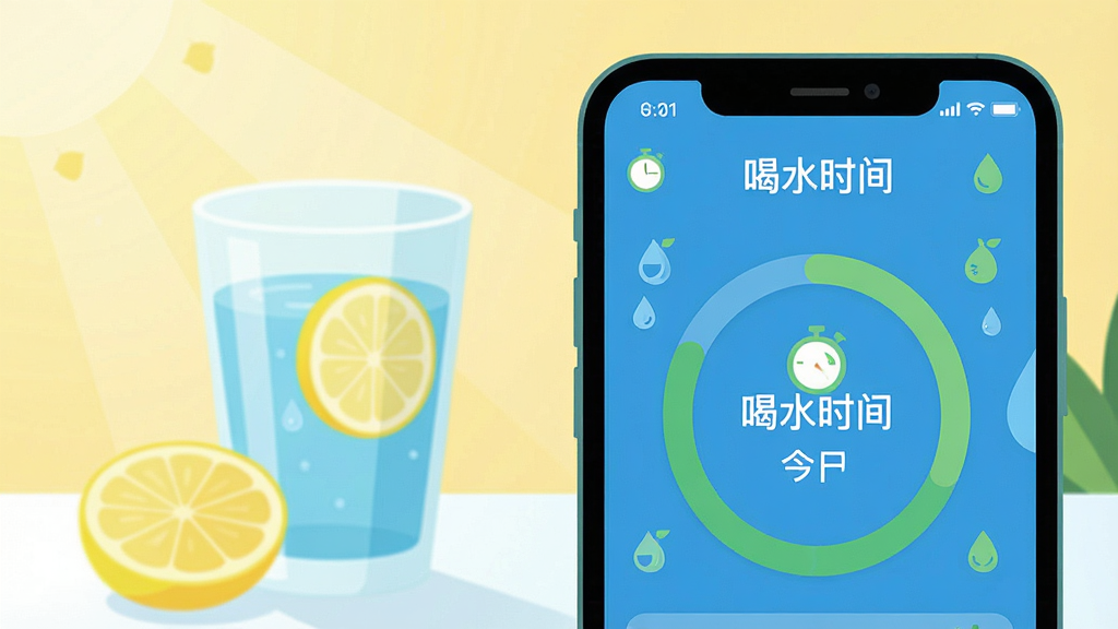 一幅清新自然的健康生活场景插图,主体是手机屏幕展示“喝水时间”APP的今日饮水进度圆环,背景是清晨阳光下的玻璃水杯与柠檬片,画面采用扁平化设计风格,色调以蓝色和绿色为主,干净明亮,突出“喝水时间”四个字,细节包含水滴元素和健康图标,画质高清,干净无多余元素