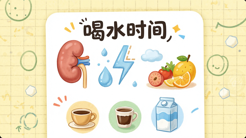 插画风格的健康知识卡片界面,主体是“喝水时间”APP内嵌的趣味科普模块,卡片上绘有肾脏、水滴、水果等元素,下方陈列着茶、咖啡、牛奶等饮品图标,背景是淡黄色网格纸纹理,排版活泼,色彩明快,突出“喝水时间”名称,画质细腻,干净无多余元素
