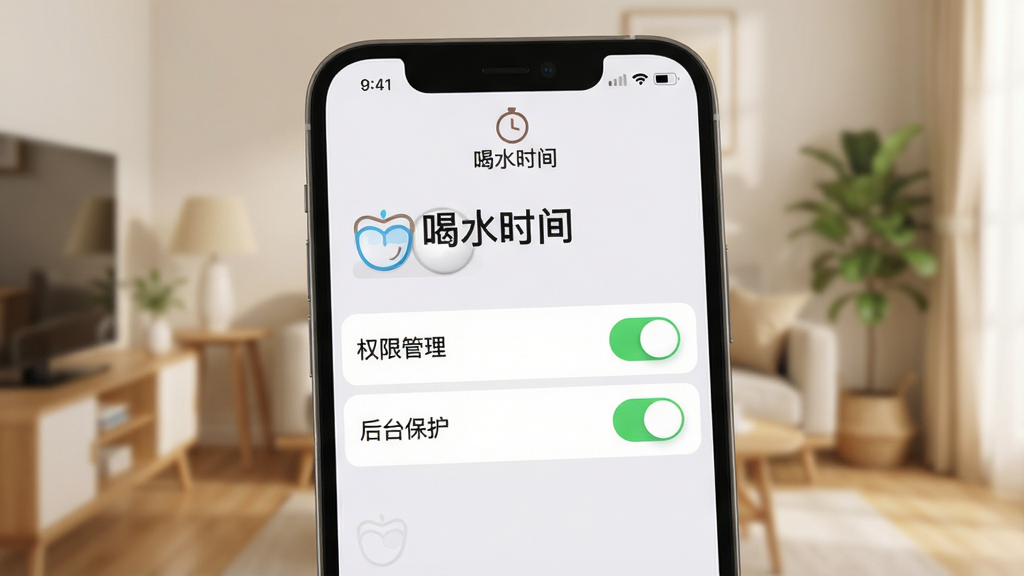 手机屏幕显示“喝水时间”的设置界面,重点突出“权限管理”和“后台保护”两个选项,背景是模糊的家居环境,色调柔和,画面干净,突出“喝水时间”名称,细节展示开关按钮,画质清晰
