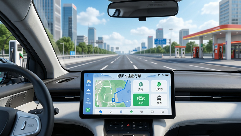主体:一辆现代电动汽车行驶在宽阔的城市道路上,驾驶室中控屏清晰显示“顺风车主出行帮”应用界面,界面内有充电站导航、车辆状态等图标。布局:前景为车辆内部视角,中景为道路和周边建筑,背景为蓝天白云。排版:画面层次分明,突出应用界面内容。风格:写实科技风,色彩明亮通透。细节:中控屏上的应用界面文字清晰可见,周围有充电桩、加油站等元素点缀。画质:高清渲染,干净无多余元素。