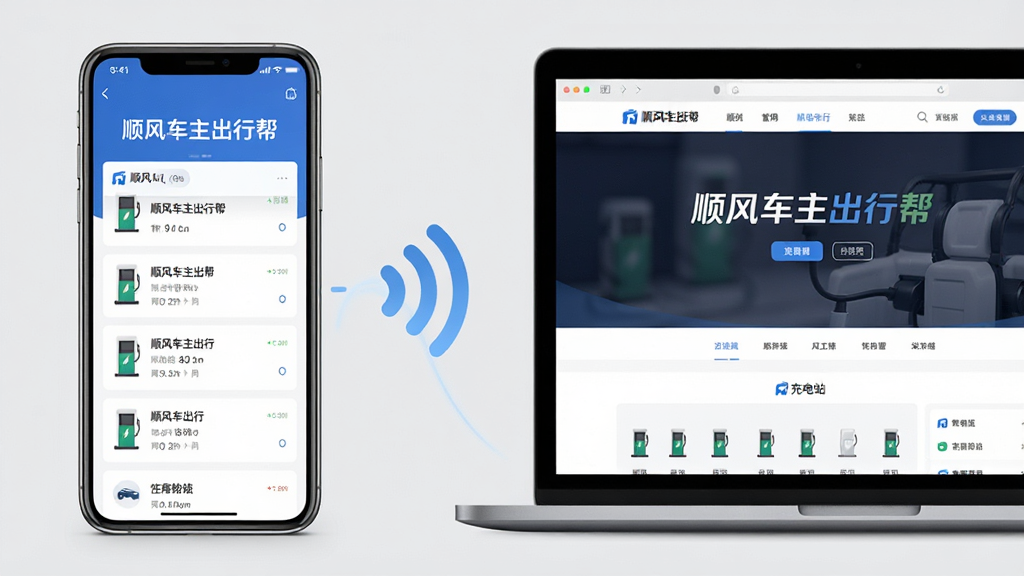 主体:一部智能手机和一台笔记本电脑并排放置,手机屏幕显示“顺风车主出行帮”的充电站列表,电脑屏幕显示应用官网页面。布局:手机和电脑各占一半,中间有无线信号图标连接。排版:对比展示移动端和电脑端的使用场景。风格:简洁商务风,背景浅灰。细节:手机屏幕上的应用名称和充电站信息清晰可见,电脑屏幕显示“顺风车主出行帮”字样。画质:干净明亮,无多余元素。