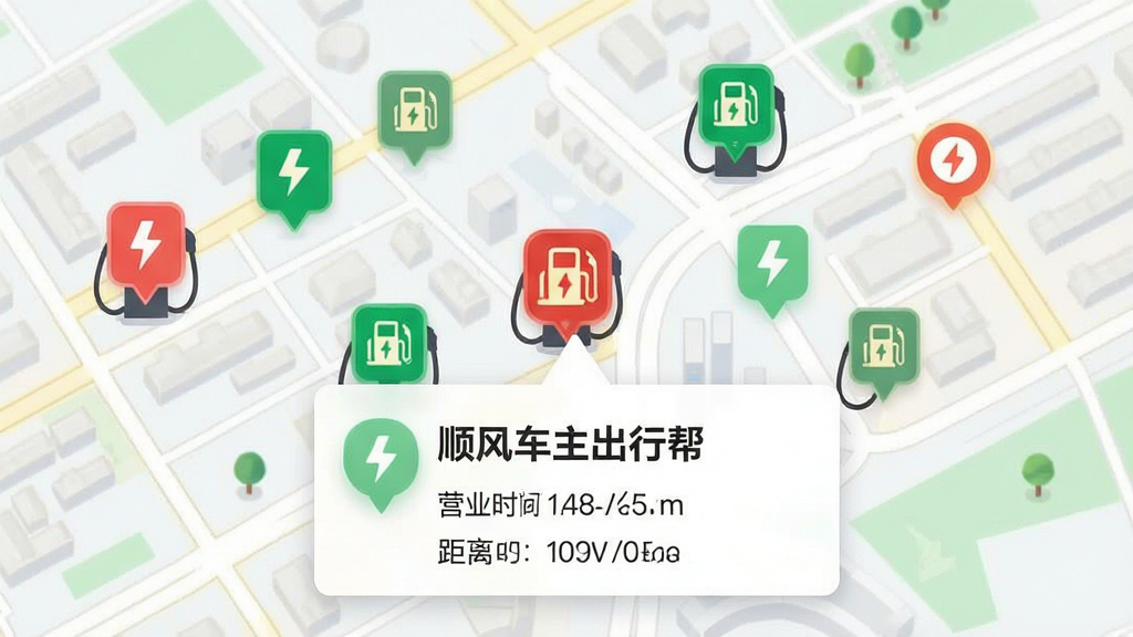 主体:城市街道地图上分布着多个充电站和加油站图标,点击其中一个弹出详细信息卡片,卡片上标注“顺风车主出行帮”。布局:地图占据画面主要位置,图标以红绿两色区分充电站和加油站,信息卡片悬浮于底部。排版:信息展示直观,操作路径清晰。风格:现代简约地图风格,色彩明快。细节:地图上的图标带有小闪电或油滴标记,卡片显示营业时间和距离。画质:清晰无冗余元素。