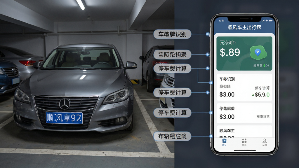 主体:一辆轿车停在停车场,手机屏幕显示“顺风车主出行帮”的车辆管理界面,包含车牌识别、停车费计算等模块。布局:左侧为车辆实拍,右侧为手机应用截图,中间用线条连接各功能点。排版:左右分栏,功能标注清晰。风格:写实与界面结合,色调沉稳。细节:车牌号、费用估算数字清晰可见,应用名称“顺风车主出行帮”显示在手机顶部。画质:高清,无多余元素。