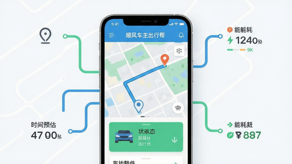 主体:智能手机屏幕放大展示“顺风车主出行帮”智能出行助手界面,包含地图路线和车辆状态卡片。布局:手机位于画面中央,周围环绕简洁的线路图、时间预估、能耗数据等元素。排版:信息层级分明,突出路线规划功能。风格:扁平化设计,配色清新现代。细节:界面文字清晰,显示“顺风车主出行帮”字样,路线标记醒目。画质:干净清晰,无多余元素。