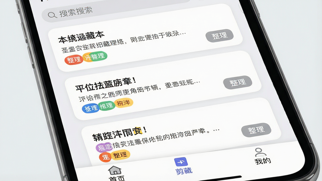 主体:手机屏幕展示五彩剪藏列表,多条卡片式笔记整齐排列。布局:上下滚动列表,每条卡片有标题、摘要和彩色标签。排版:卡片圆角设计,左对齐文字,右下角有“整理”按钮。风格:简洁扁平化,背景浅灰。细节:顶部搜索栏,底部导航栏有“首页”“剪藏”“我的”。画质:高清,干净,无多余元素。