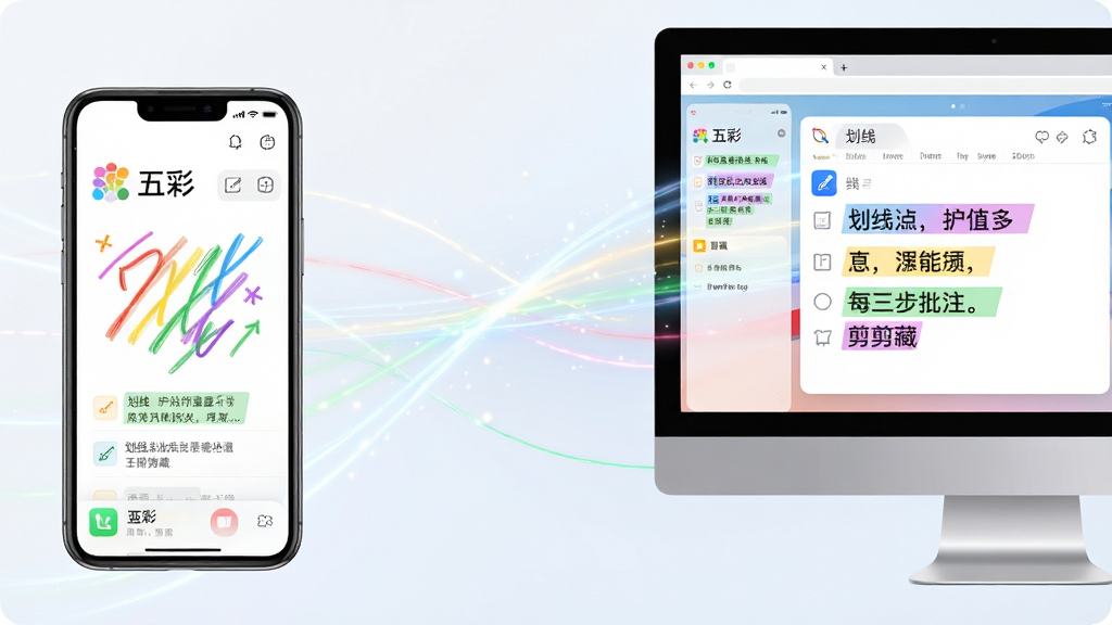 主体:手机与电脑并排展示五彩App界面,手机屏幕显示彩色划线与笔记列表,电脑屏幕显示浏览器插件划线操作。布局:左右对称构图,手机在左,电脑在右,中间有流动的光束连接。排版:界面元素清晰,划线的文字高亮为五种颜色。风格:现代科技感,明亮通透。细节:屏幕内容显示“五彩”Logo及“划线”“批注”“剪藏”等字样。画质:8K超清,干净,无多余元素。