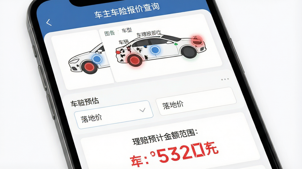 生成一张功能界面图,主体为手机应用界面,显示“理赔预估”功能页面,页面顶部是车辆受损部位的选择图,用汽车轮廓图标注可点击的受损区域,中部为车型与落地价输入项,底部清晰展示系统测算出的理赔预估金额范围,以醒目的红色字体显示。界面设计直观易用,风格为简约实用风,色彩搭配和谐,细节丰富,画质高清,干净,无多余元素,界面标题处显示“车主车险报价查询”