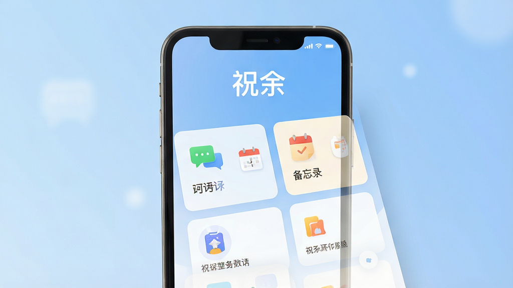 一张祝余应用的整体预览图,画面主体为智能手机屏幕,屏幕上展示出简洁清爽的主界面,界面顶部显示“祝余”二字Logo,下方分布着对话、日程、备忘录等核心功能卡片,背景为柔和的渐变蓝色,整体布局清晰,排版有序,采用扁平化设计风格,细节丰富,画质高清,干净无多余元素。