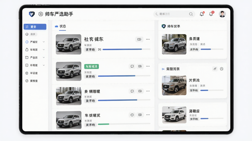 画面主体为“帅车严选助手”车辆管理界面,布局为列表与卡片结合,展示车辆图片和状态标签,风格简洁商务,细节包括车辆缩略图和进度条,画质高清,干净,无多余元素