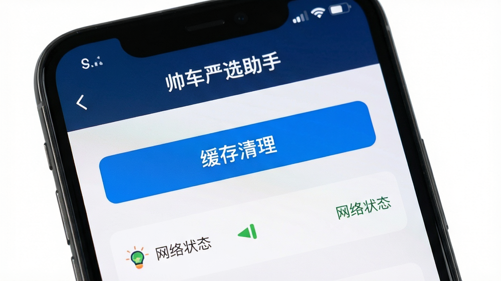 画面主体为手机界面展示“帅车严选助手”设置菜单,布局清晰,风格简洁,细节包括缓存清理按钮和网络状态,画质高清,干净,无多余元素