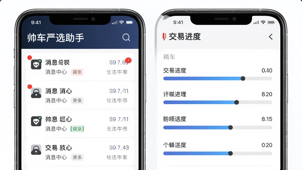 画面主体为“帅车严选助手”消息中心与交易界面,布局分为左右栏,左边是消息列表,右边是交易进度,风格商务专业,细节包括未读红点和进度条,画质高,干净,无多余元素