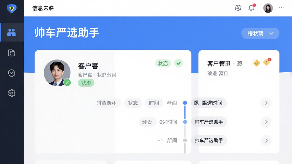画面主体为“帅车严选助手”客户管理页面,布局采用信息卡片形式,展示客户头像和跟进时间线,风格清爽,细节包括状态标记和提醒图标,画质清晰,干净,无多余元素