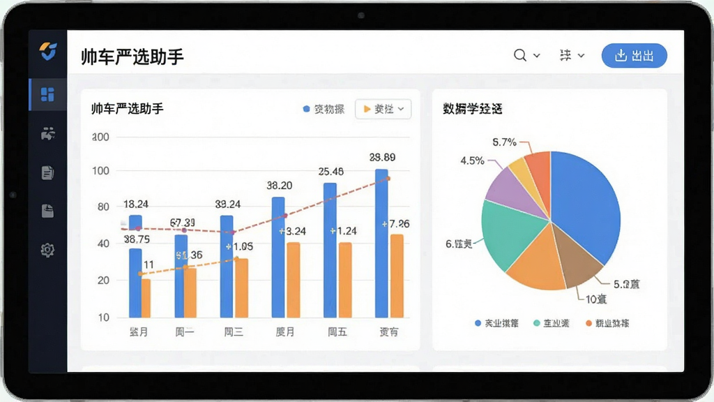 画面主体为“帅车严选助手”报表界面,布局为柱状图和饼图组合,风格简约,细节包括数据标签和导出按钮,画质清晰,干净,无多余元素