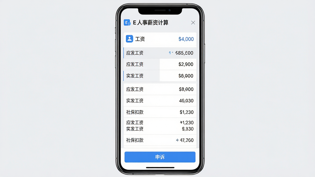 主体:E人事软件薪资计算界面,显示工资条列表,包含应发工资、实发工资、社保扣款等数据。布局:手机屏幕居中,数据以图表和列表形式展示。排版:数字清晰,图表简洁。风格:商务简约,背景为浅灰色,图标为蓝色。细节:工资条项目分明,底部有“申诉”按钮。画质:高清,干净,无多余元素。
