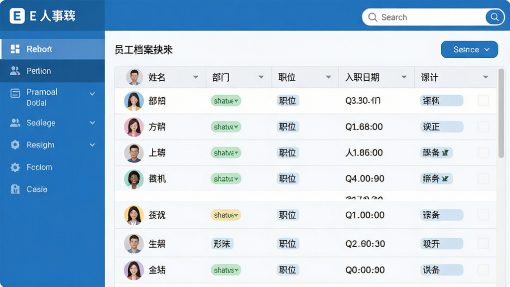 主体:E人事软件界面截图,显示员工档案列表,包含姓名、部门、职位、入职日期等字段。布局:界面占据画面中央,左侧为导航栏,右侧为数据表格。排版:表格行清晰,数据排列整齐。风格:扁平化设计,蓝白配色,简洁专业。细节:头像、状态标签醒目,搜索框位于顶部。画质:高清晰度,干净,无多余元素。