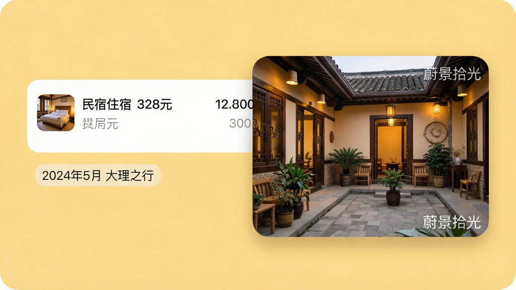 主体:手机App的“账单详情”页面,左侧显示一笔“民宿住宿 328元”的消费记录,右侧配有一张温馨的民宿小院照片。布局:左右分栏式布局,信息与照片和谐共存,背景为柔和的暖黄色。排版:字体清晰,照片以圆角卡片形式呈现,边缘有轻微阴影。风格:生活化、纪实风格的界面展示。细节:照片角落有“蔚景拾光”的隐形水印,账单下方显示“2024年5月 大理之行”的标签。画质:高分辨率,干净,无多余元素。