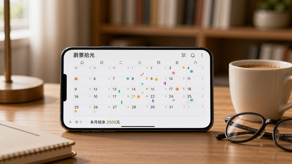主体:一部智能手机横屏显示着蔚景拾光的日历视图,手机旁边摆放着一杯咖啡和一副眼镜。布局:手机位于画面中央,周围有温馨的桌面陈设,背景是虚化的书房环境。排版:手机屏幕内容清晰可见,日历格子上有不同颜色的标记点。风格:生活化场景实拍风格,光线柔和。细节:手机屏幕上有“蔚景拾光”的界面,日历下方显示“本月结余 2500元”的字样。画质:高清,干净,无多余元素。