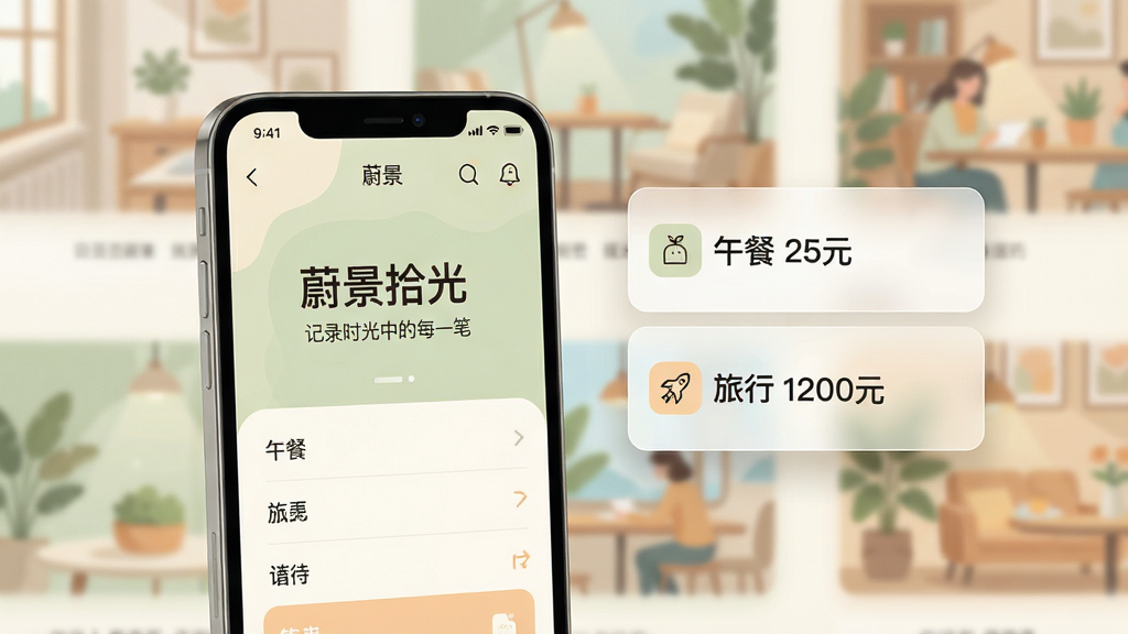 主体:一部亮着屏幕的智能手机,屏幕上显示蔚景拾光App的简洁主界面,背景是柔和渐变的生活场景照片墙。布局:手机位于画面中央偏左,右侧留白处有半透明卡片悬浮,展示“午餐 25元”和“旅行 1200元”等条目。排版:手机界面信息层级分明,色彩以低饱和度的米白、淡绿和浅橙色为主,营造温馨感。风格:扁平化插画风格与现代写实风格结合,画面干净明亮。细节:手机屏幕内显示“蔚景拾光”字样和“记录时光中的每一笔”的标语,卡片边缘有细腻阴影。画质:4K高清,干净,无多余元素。
