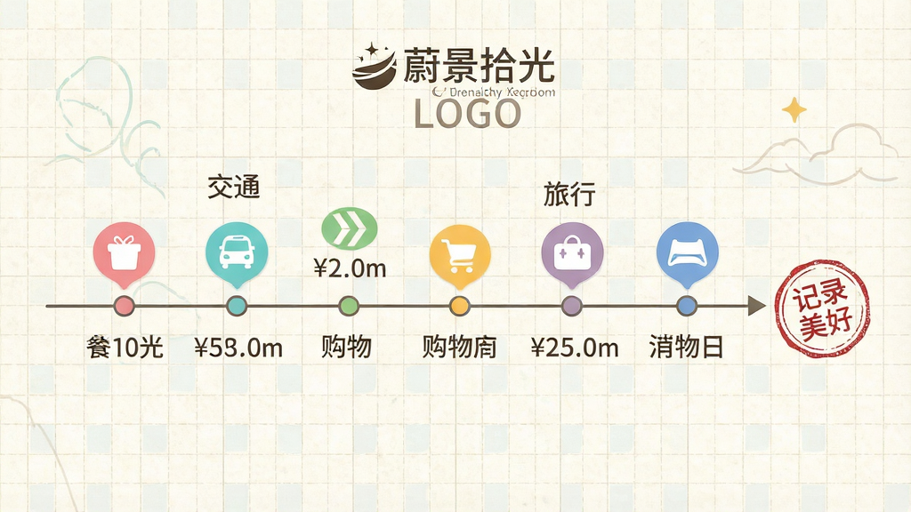 主体:一张横向排列的时间轴图表,上面点缀着不同颜色的小图标,代表餐饮、交通、购物、旅行等不同消费场景。布局:时间轴从左至右延伸,每个节点上有一个圆润的图标和金额标注,背景是淡雅的网格纸纹理。排版:图标大小统一,错落有致,颜色清新明快。风格:扁平化信息图表风格,简洁直观。细节:图表上方有“蔚景拾光”的LOGO和水印字样,轴线末端有“记录美好”的印章。画质:高清,干净,无多余元素。