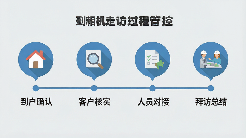 一张展示过程相机走访过程管控的流程图,画面分为四个步骤图标:到户确认、客户核实、人员对接、拜访总结,以时间线形式排列,背景为浅灰色,风格扁平化,画质清晰,干净,无多余元素