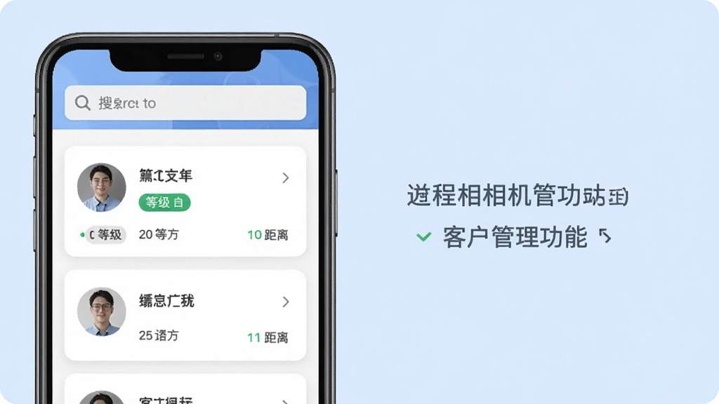 一张展示过程相机客户管理功能的预览图,手机屏幕显示客户列表,顶部有搜索栏,客户卡片上显示名称、等级标签和距离,背景为浅蓝色,界面清晰,画质干净,无多余元素