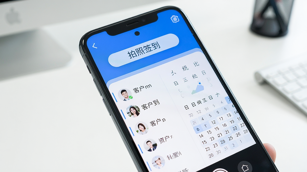 一张手机屏幕特写,屏幕中显示过程相机的主界面,上方为“拍照签到”按钮,下方有客户列表与日历统计,整体界面以蓝白为主色调,简洁明亮,背景为干净的办公桌面,画质清晰,干净,无多余元素