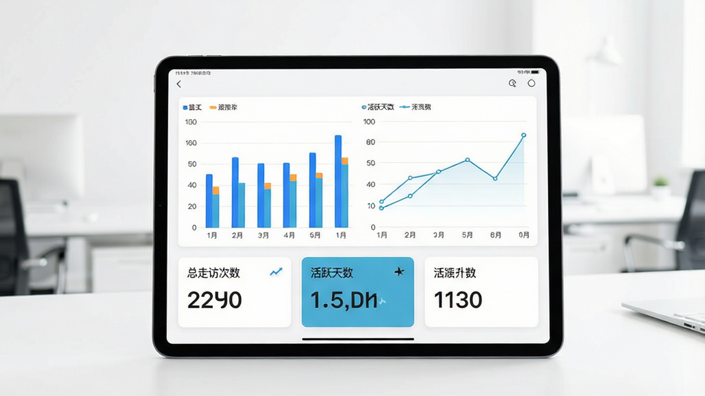 一张展示过程相机数据统计功能的预览图,平板电脑屏幕上显示柱状图和折线图,图表下方有“总走访次数”“活跃天数”等指标卡片,背景为白色办公室,风格简约商务,画质清晰,干净,无多余元素