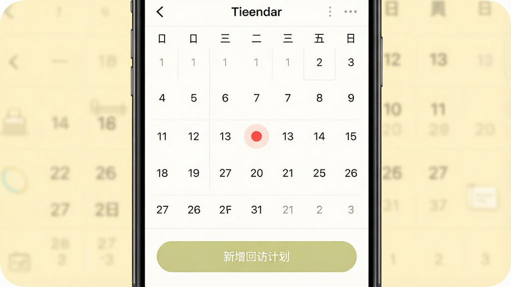 一张展示过程相机日程管理功能的预览图,手机屏幕显示月历视图,某一天上标记有红色圆点提醒,下方有“新增回访计划”按钮,背景为淡黄色,界面柔和,画质清晰,干净,无多余元素
