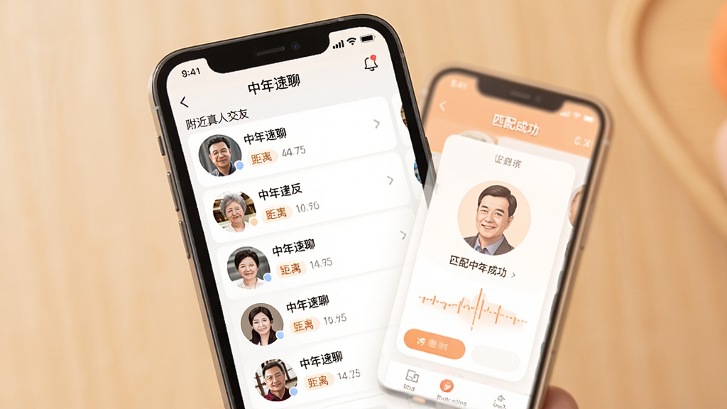 一张展示中年速聊APP核心界面的高清图片,主体为手机屏幕,屏幕内显示附近真人交友列表和匹配成功界面,布局简洁清晰,风格现代温馨,细节包括用户头像和距离标记,画质干净无多余元素,图片中文字为“中年速聊”