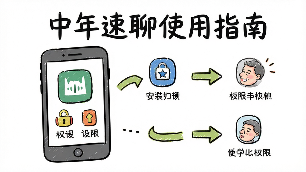中年速聊APP使用指南手绘风格图片,主体为手机和操作步骤箭头,布局清晰,风格简洁明快,细节包括安装和权限设置图标,画质干净,无多余元素,图片中文字为“中年速聊使用指南”