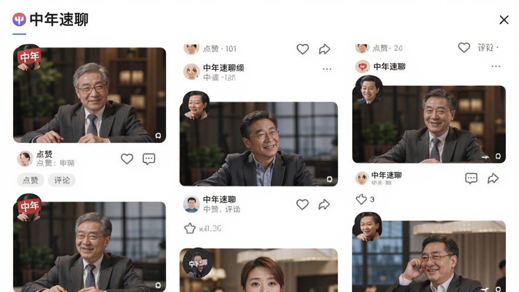 中年速聊APP广场话题页面,主体为动态瀑布流和话题标签,布局错落有致,风格时尚,细节展示点赞和评论按钮,画质干净,无多余元素,图片中文字为“中年速聊”