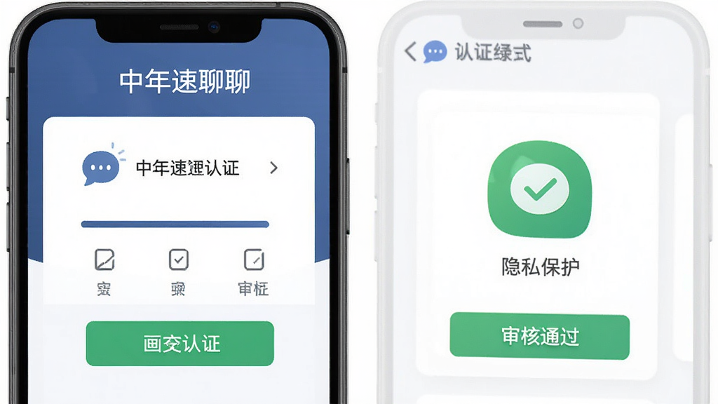 中年速聊APP安全认证界面,主体为实名认证流程和隐私保护图标,布局简约,风格稳重,细节展示审核通过状态,画质高清,无多余元素,图片中文字为“中年速聊”