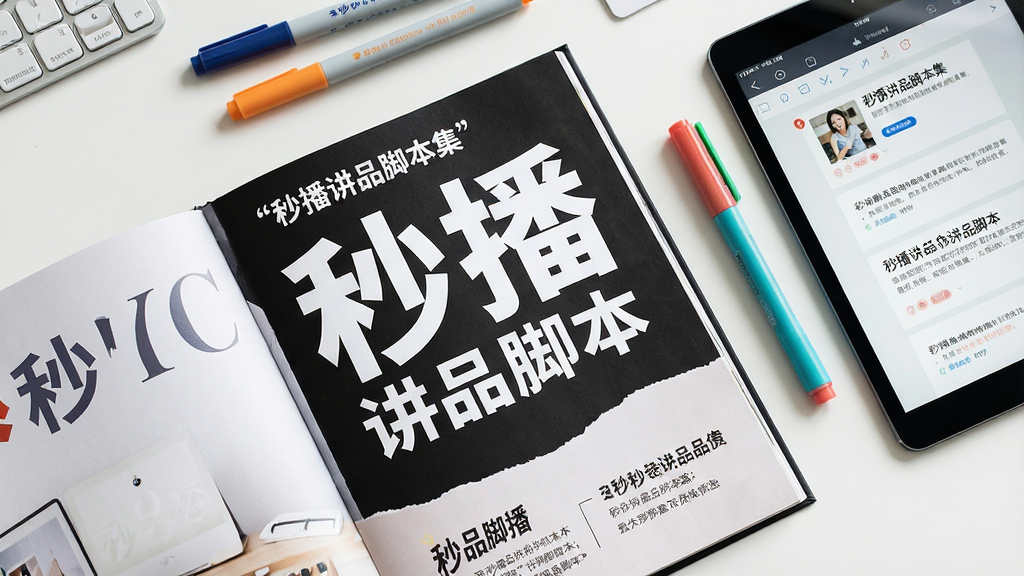 一张俯视拍摄的办公桌面,桌面上摊开着一本精美的“秒播讲品脚本集”手册,旁边散落着几支彩色标记笔和一部显示着脚本编辑界面的平板电脑。布局为对角线构图,手册位于画面主体位置。排版风格为杂志画报风,细节上手册内页的文字“秒播”与“讲品脚本”清晰可见,风格专业且富有创意,画质细腻,干净,无多余元素。