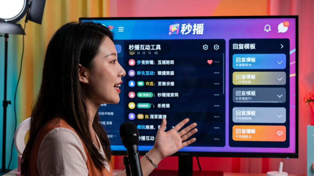 一个充满活力的直播间场景,主播正在热情地讲解产品,背后的显示屏上展示着“秒播”的互动数据面板,上面有滚动的评论和回复模板。画面色彩明亮,布局为前景是主播侧影,背景是清晰的显示屏。排版风格写实,细节上数据面板上的文字“秒播互动工具”清晰可见,风格现代且充满动感,画质清晰,干净,无多余元素。