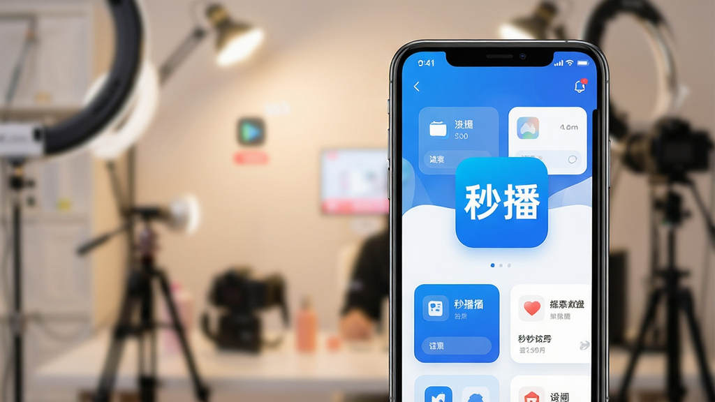 一张智能手机屏幕特写,屏幕中央显示“秒播”APP的主界面,界面风格现代简约,以蓝白为主色调。背景是虚化的直播间场景,有柔和的灯光和直播设备轮廓。布局上,手机位于画面中央偏右,左侧留出空白区域,整体排版干净清爽。风格为科技感与商业感结合,细节上手机屏幕内的功能卡片清晰可见,画质高清,干净,无多余元素。