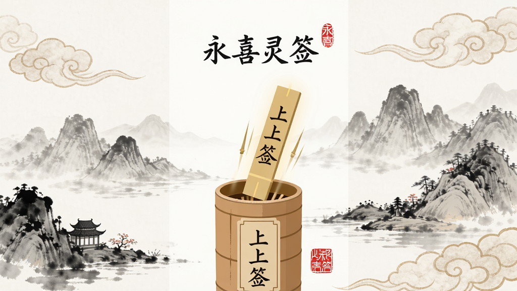 一幅古朴雅致的中国风插画,主体为“永喜灵签”应用界面,展示一支竹签从签筒中缓缓升起的动态,背景为水墨山水与祥云,布局居中,排版留白充足,风格传统国画与现代扁平化结合,细节包含签文文字“上上签”与红色印章,画质高清,干净无多余元素