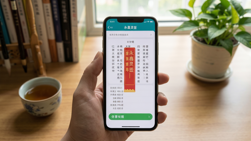 手机握持“永喜灵签”应用的实拍图,主体为手机屏幕显示签文详情,背景为书房书桌,布局为手持视角,排版自然,风格生活化,细节有茶盏与绿植点缀,画质清晰,干净无多余元素